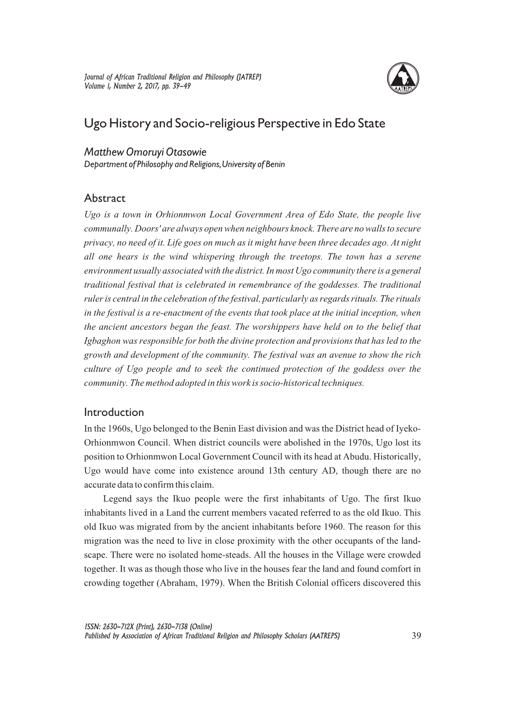 Ugo History and Socio-Religious Perspective in Edo State