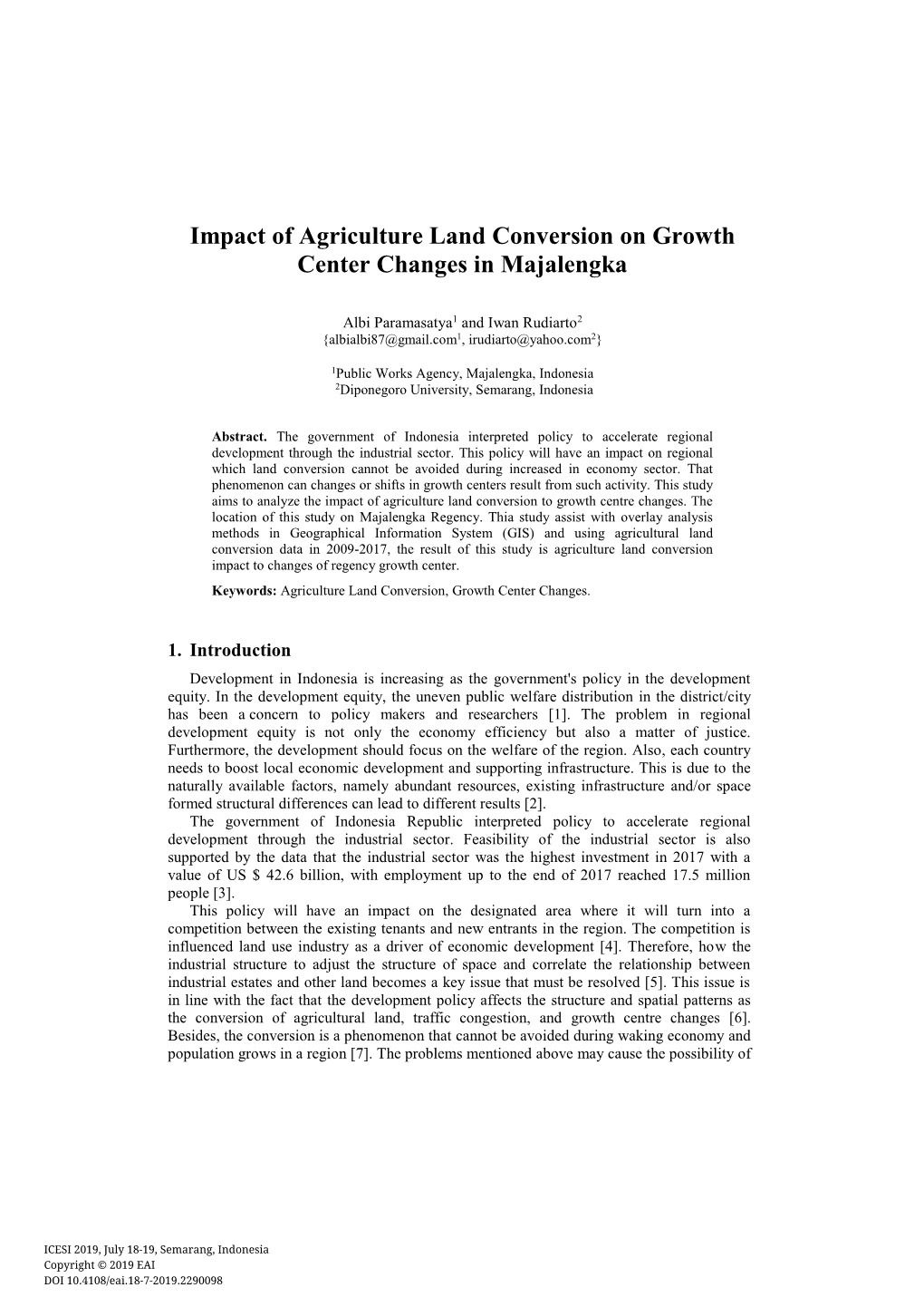 Impact of Agriculture Land Conversion on Growth Center Changes in Majalengka
