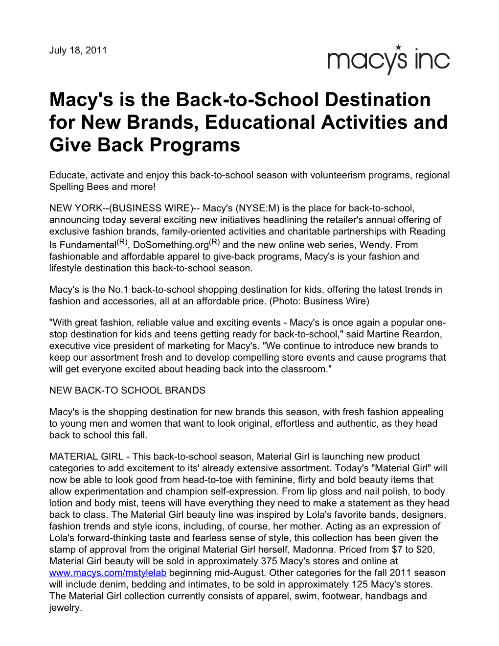 Macy's Is the Back-To-School Destination for New Brands, Educational Activities and Give Back Programs