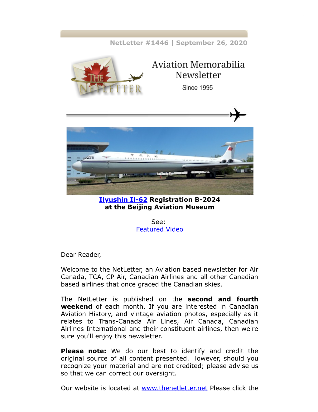 Netletter #1446 | September 26, 2020 Ilyushin Il-62 Registration B-2024