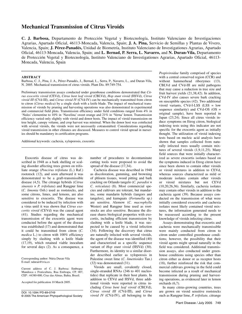 Mechanical Transmission of Citrus Viroids