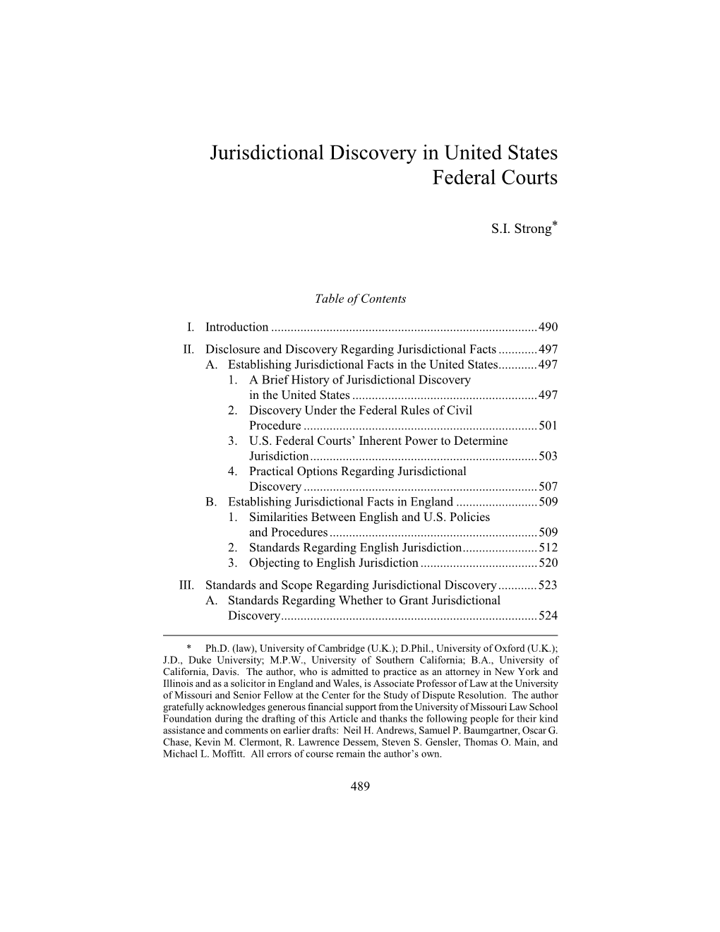 Jurisdictional Discovery in United States Federal Courts