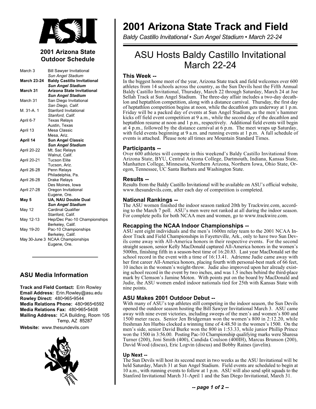 2001 Arizona State Track and Field Baldy Castillo Invitational • Sun Angel Stadium • March 22-24