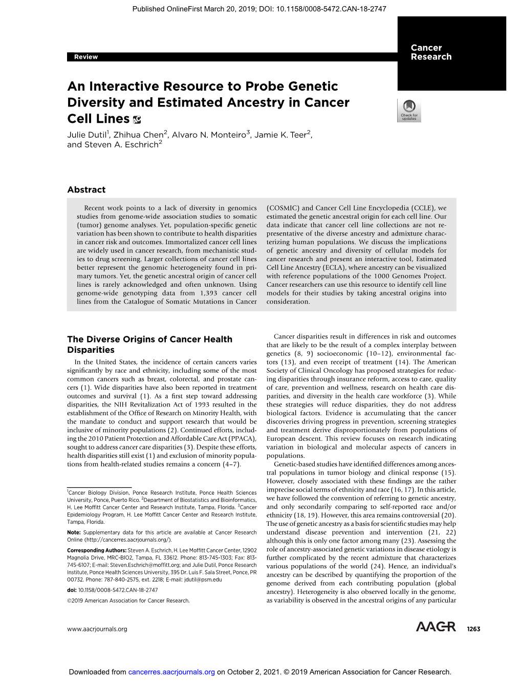 An Interactive Resource to Probe Genetic Diversity and Estimated Ancestry in Cancer Cell Lines Julie Dutil1, Zhihua Chen2, Alvaro N