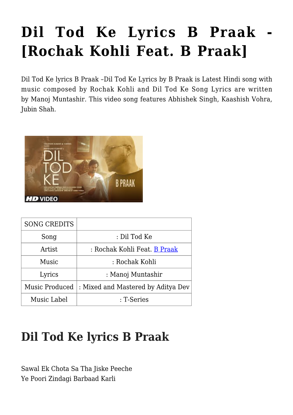 Dil Tod Ke Lyrics B Praak - [Rochak Kohli Feat