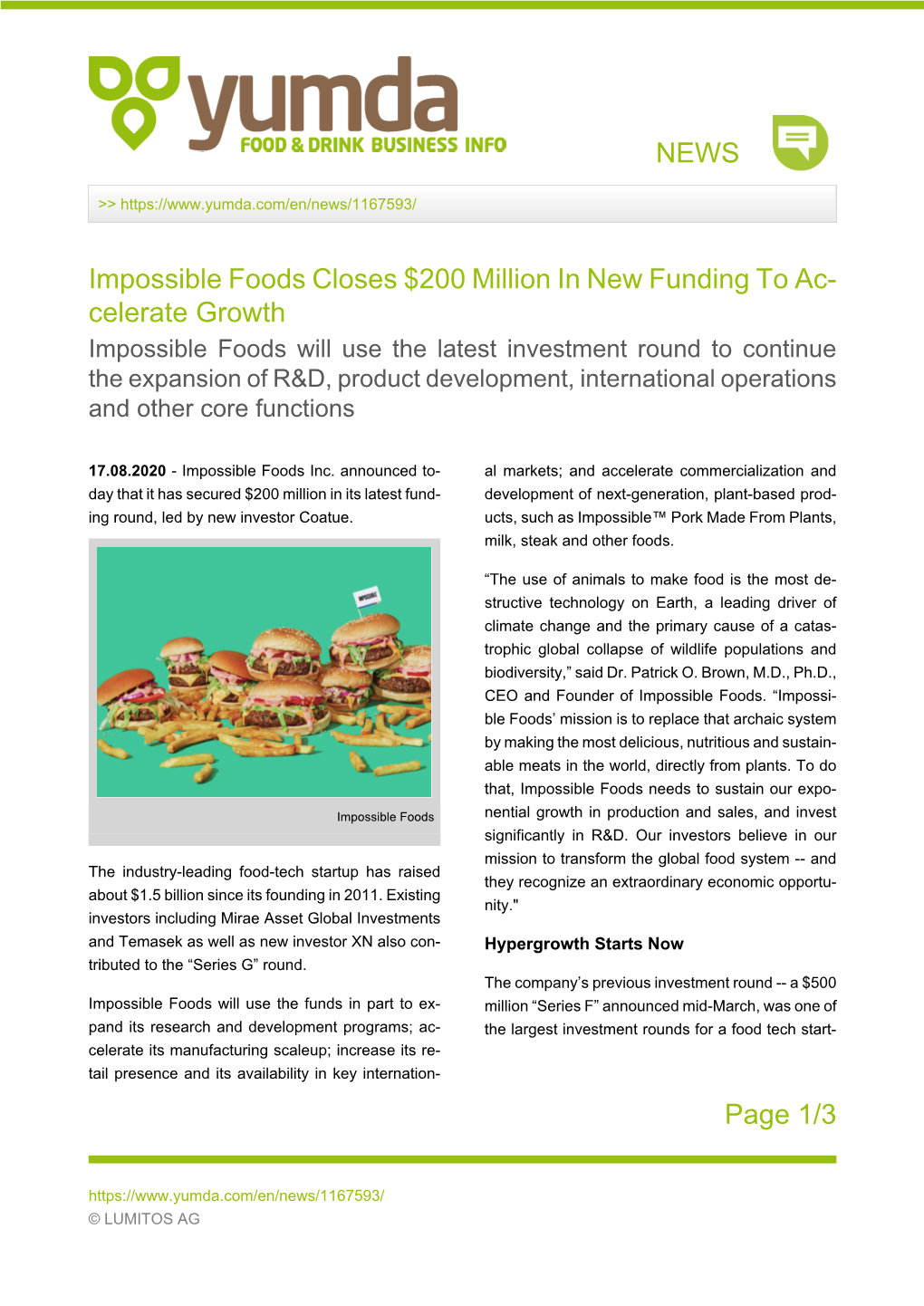 NEWS Page 1/3 Impossible Foods Closes $200 Million In