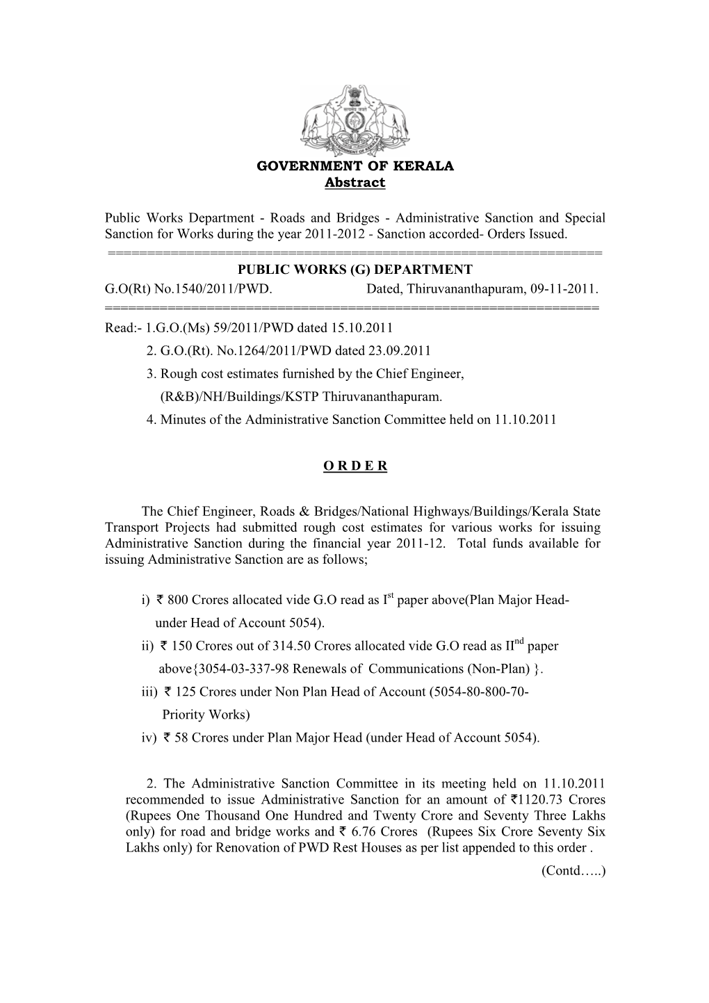 Roads and Bridges - Administrative Sanction and Special Sanction for Works During the Year 2011-2012 - Sanction Accorded- Orders Issued