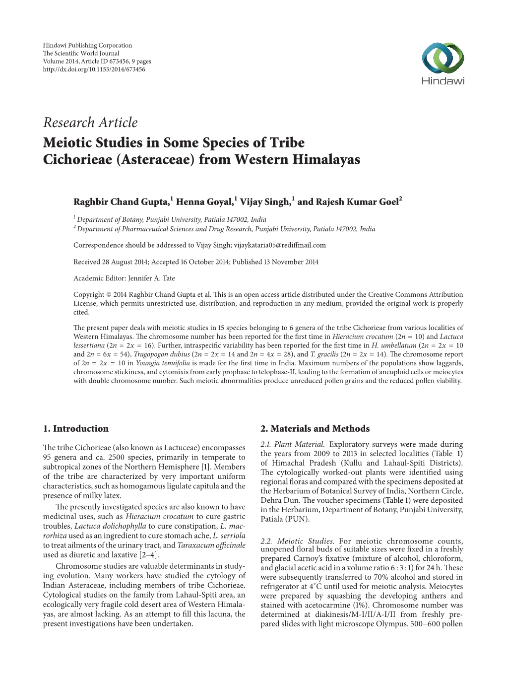 Meiotic Studies in Some Species of Tribe Cichorieae (Asteraceae) from Western Himalayas