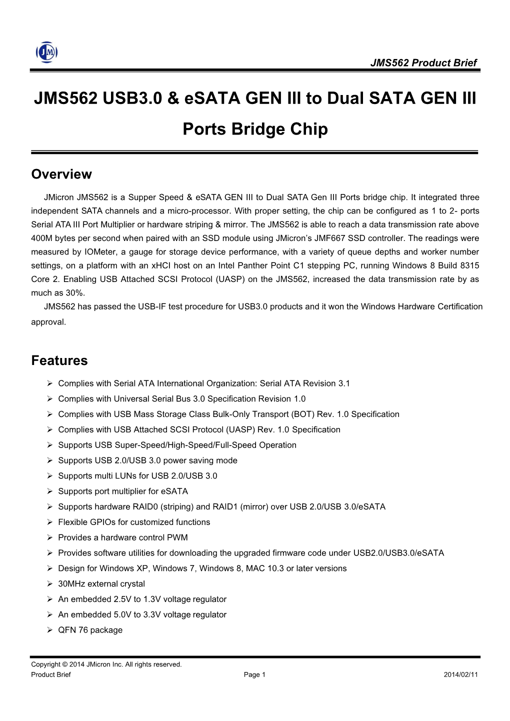 JMS562 USB3.0 & Esata GEN III to Dual SATA GEN III Ports Bridge Chip