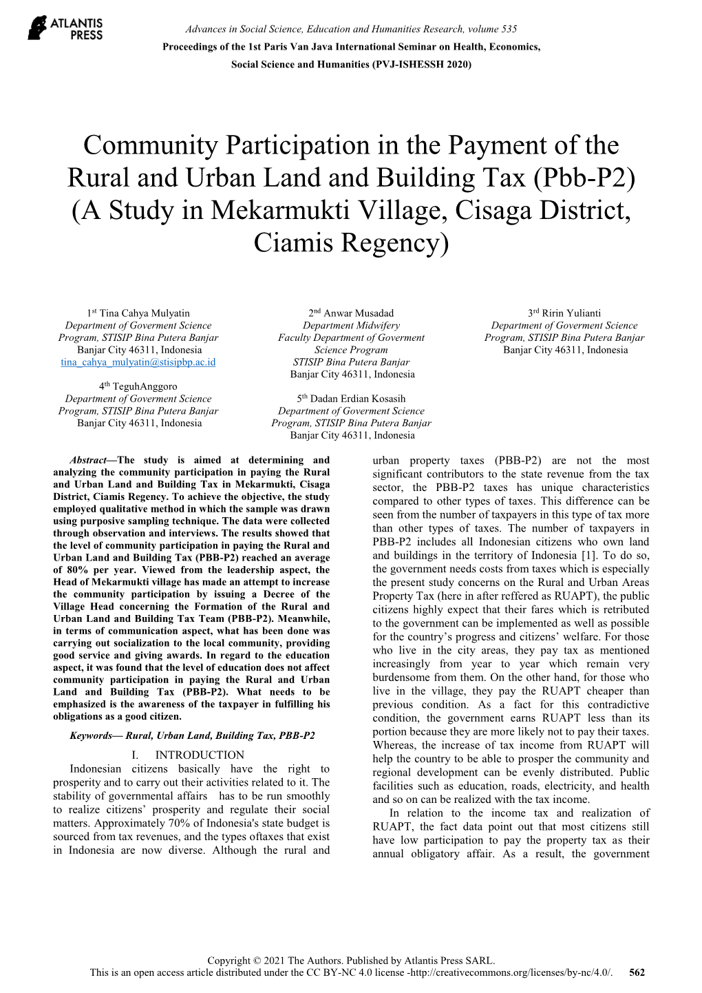 Community Participation in the Payment of the Rural and Urban Land and Building Tax (Pbb-P2) (A Study in Mekarmukti Village, Cisaga District, Ciamis Regency)