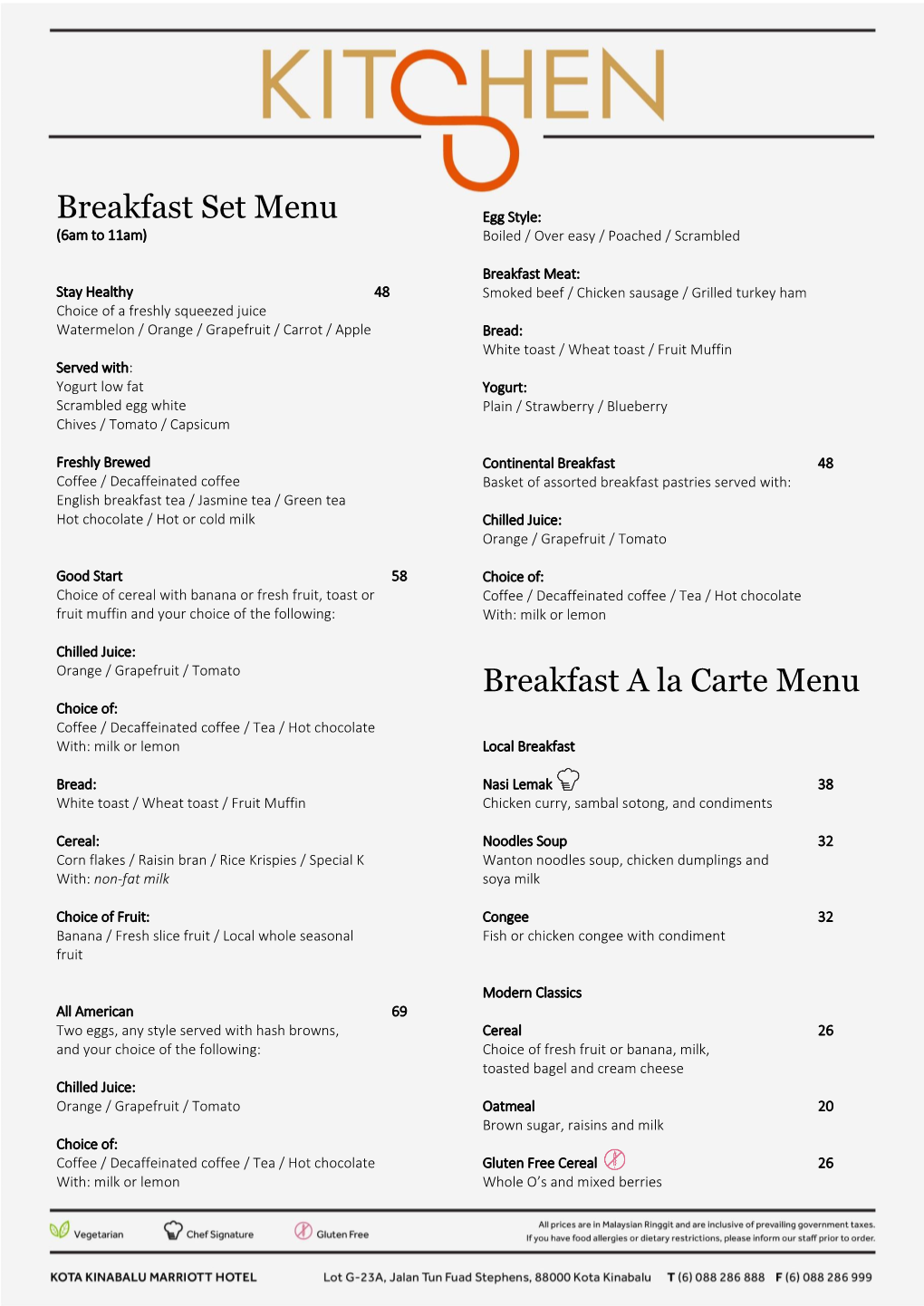 Breakfast Set Menu Breakfast a La Carte Menu