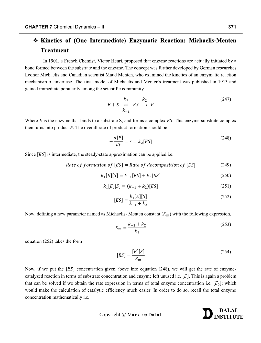 Enzymatic Reaction: Michaelis-Menten Treatment