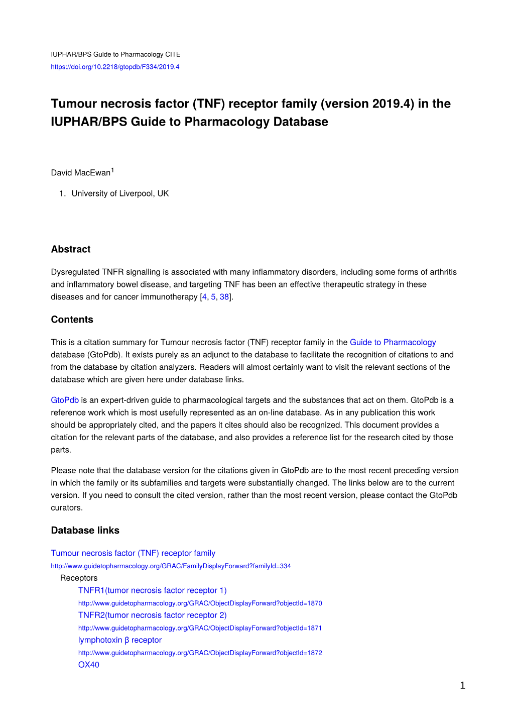 Tumour Necrosis Factor (TNF) Receptor Family (Version 2019.4) in the IUPHAR/BPS Guide to Pharmacology Database