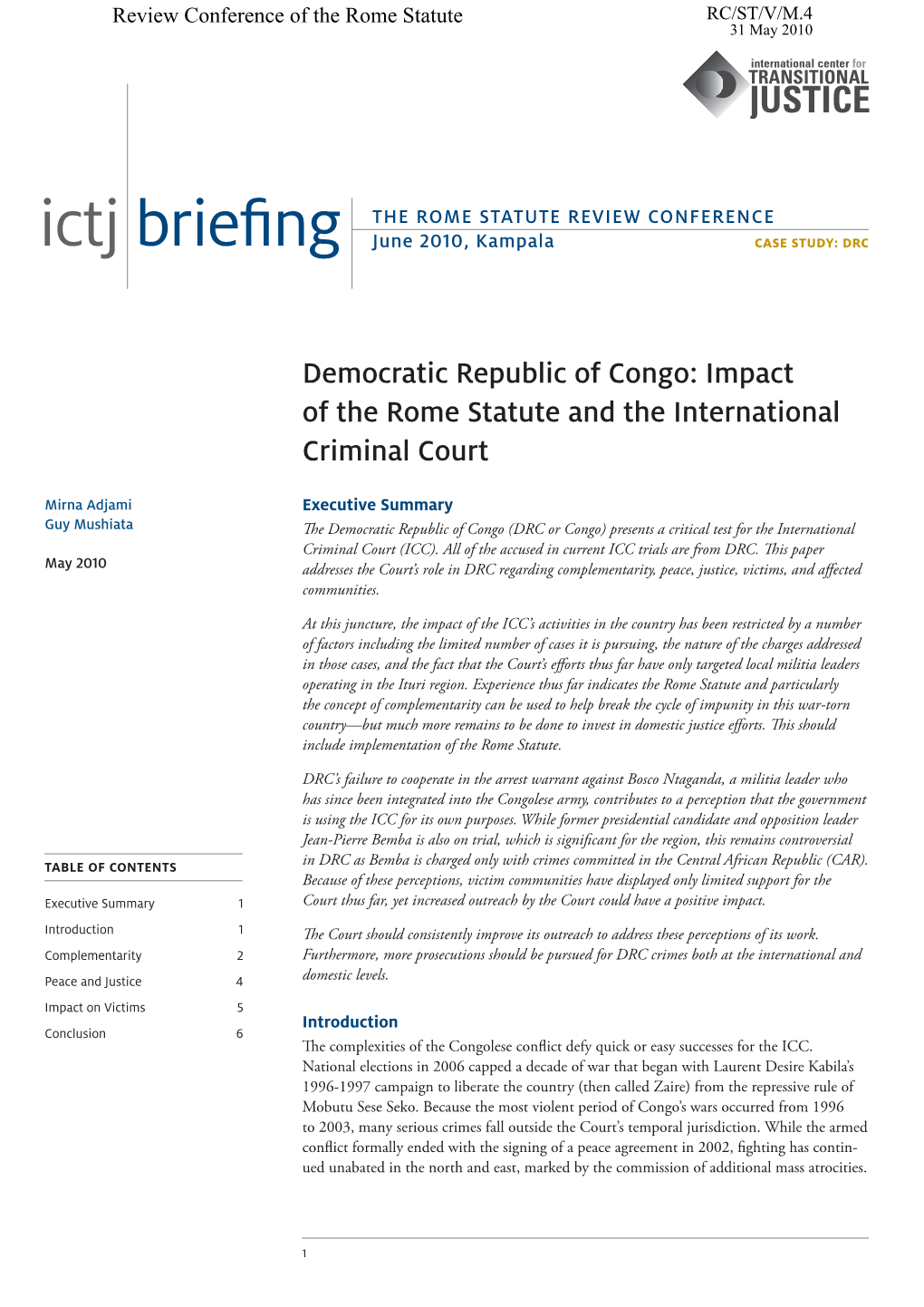 Ictj Briefing June 2010, Kampala Case Study: Drc