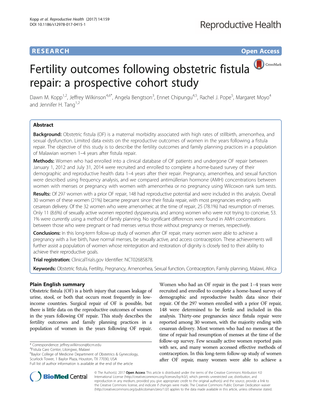 Fertility Outcomes Following Obstetric Fistula Repair: a Prospective Cohort Study Dawn M