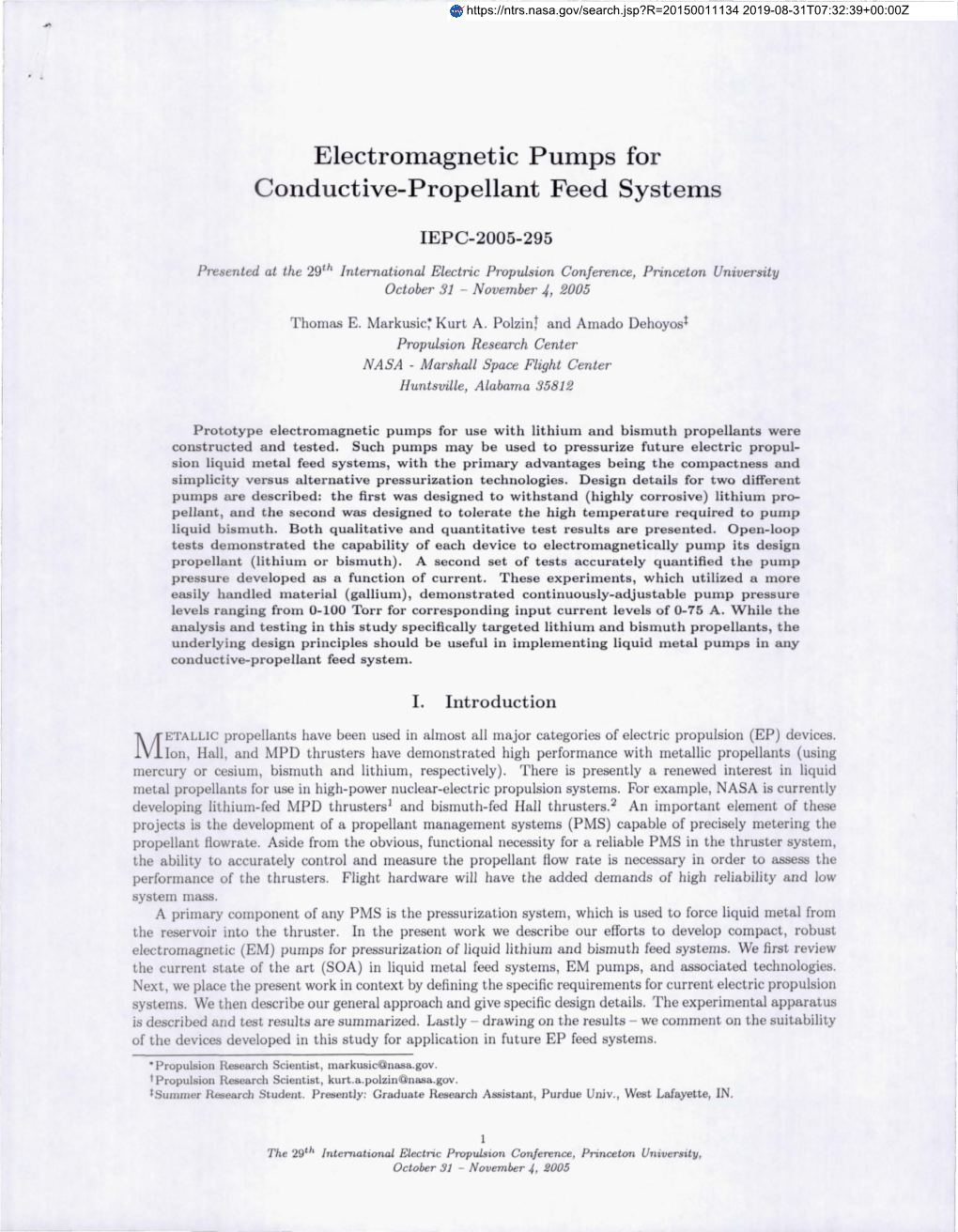 Electromagnetic Pumps for Conductive-Propellant Feed Systems