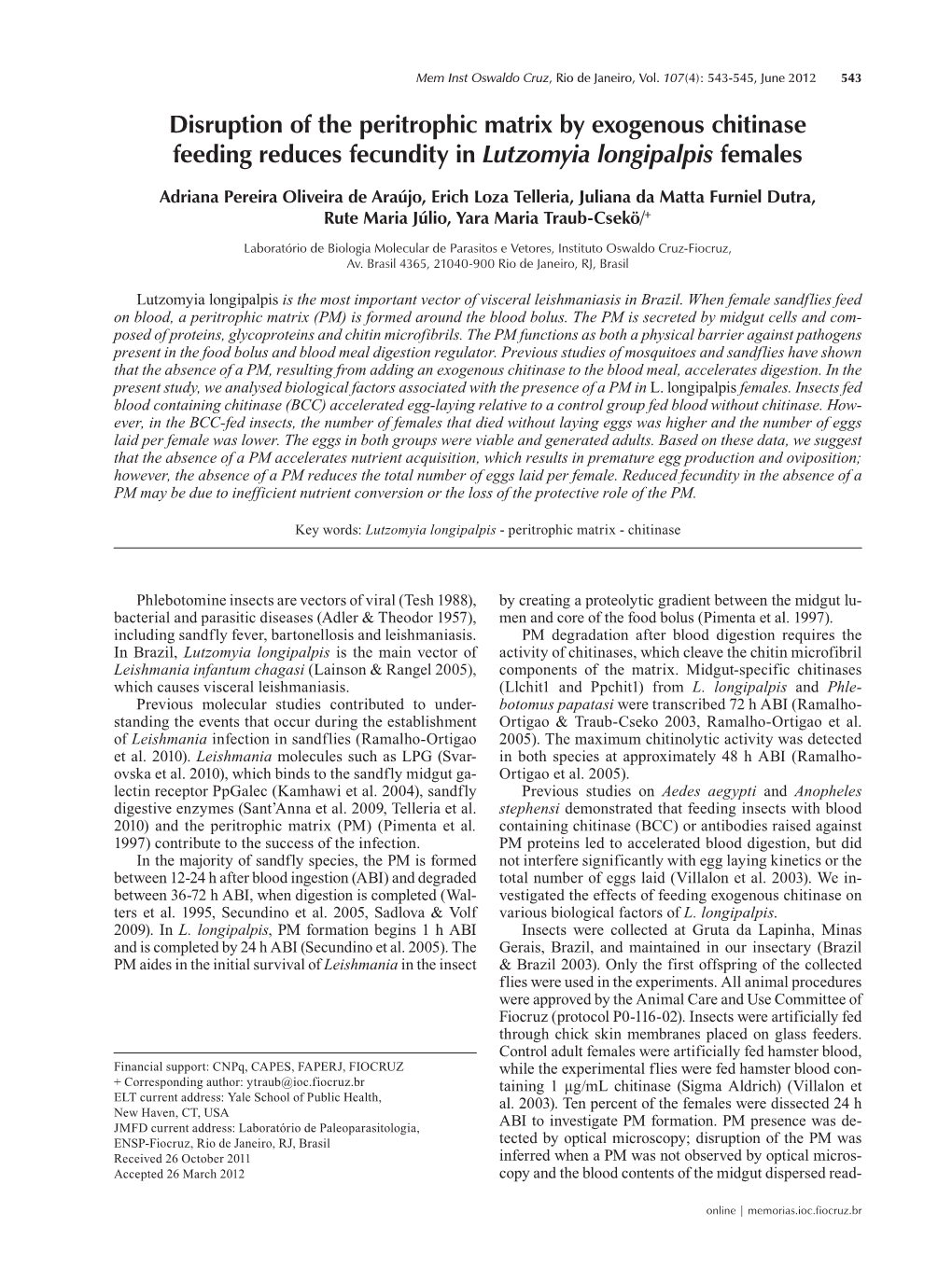 Disruption of the Peritrophic Matrix by Exogenous Chitinase Feeding Reduces Fecundity in Lutzomyia Longipalpis Females