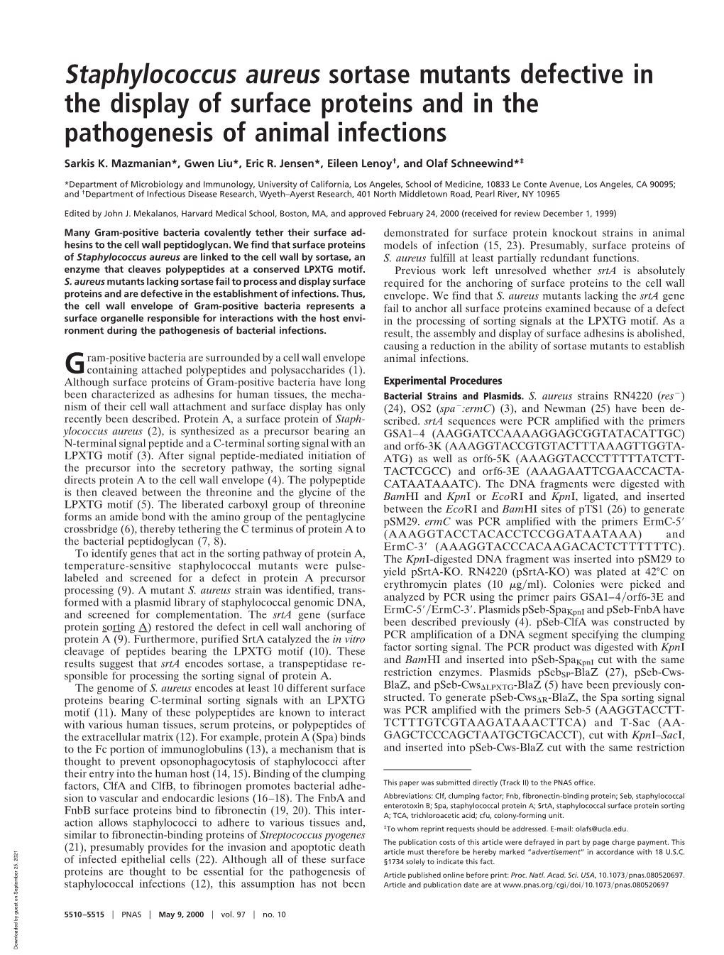 Staphylococcus Aureus Sortase Mutants Defective in the Display of Surface Proteins and in the Pathogenesis of Animal Infections