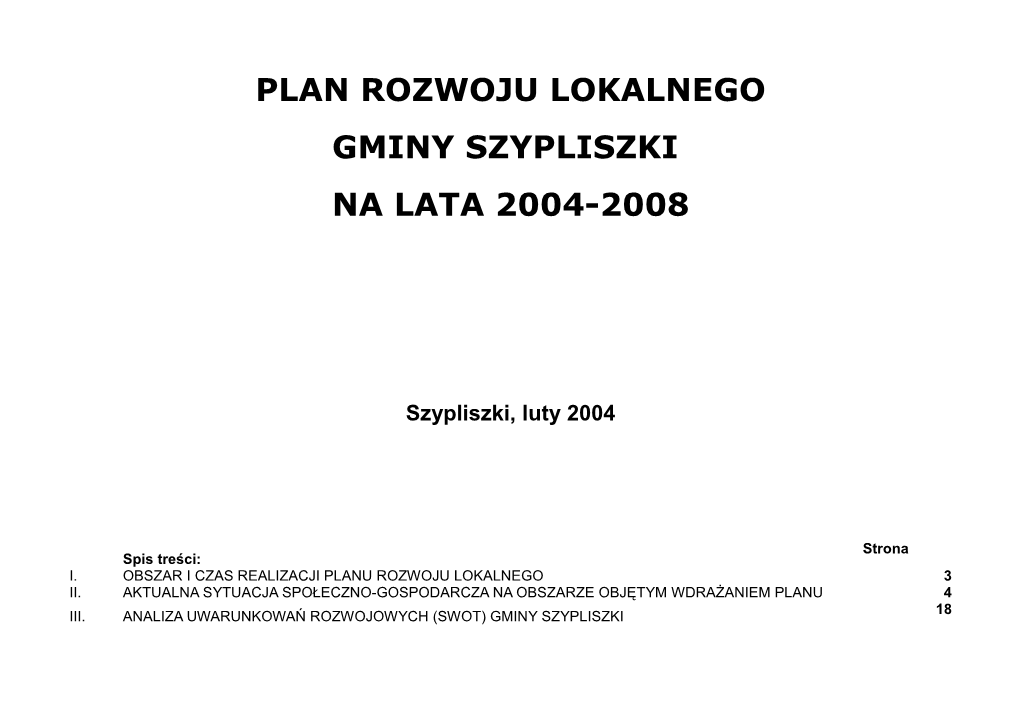 Plan Rozwoju Lokalnego Gminy Szypliszki Na Lata 2004-2008