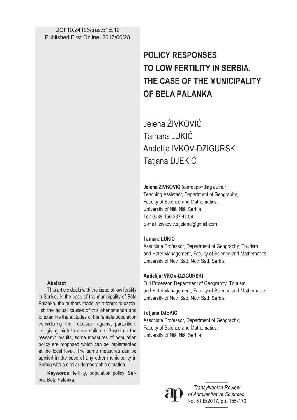 Policy Responses to Low Fertility in Serbia. the Case of the Municipality of Bela Palanka