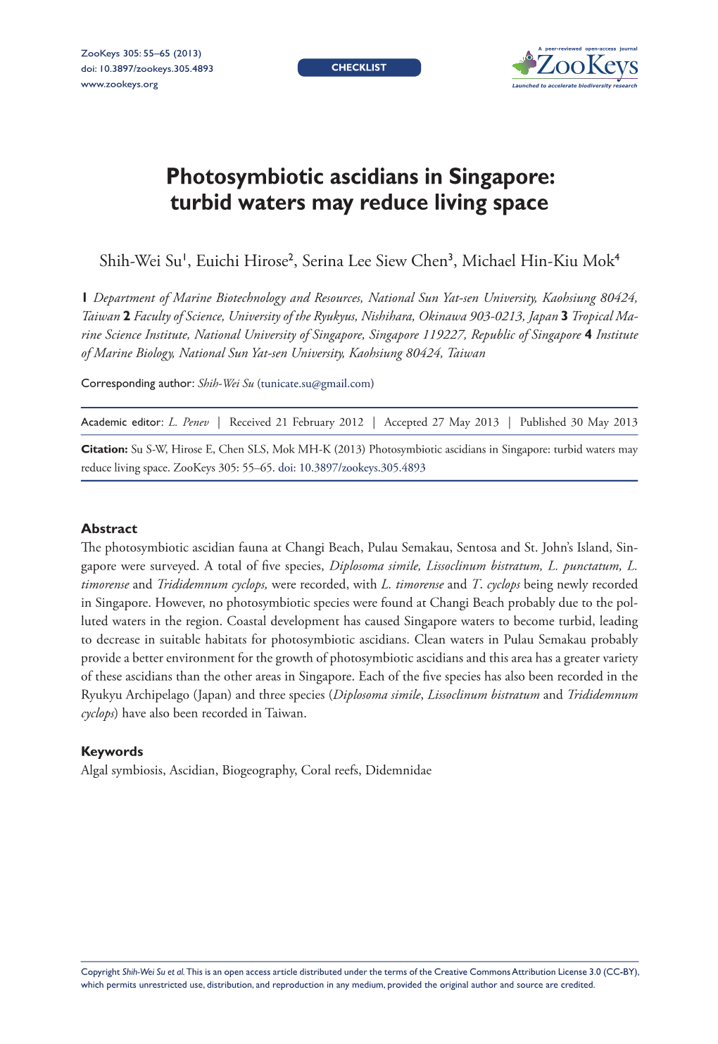 Photosymbiotic Ascidians in Singapore: Turbid Waters May Reduce Living Space