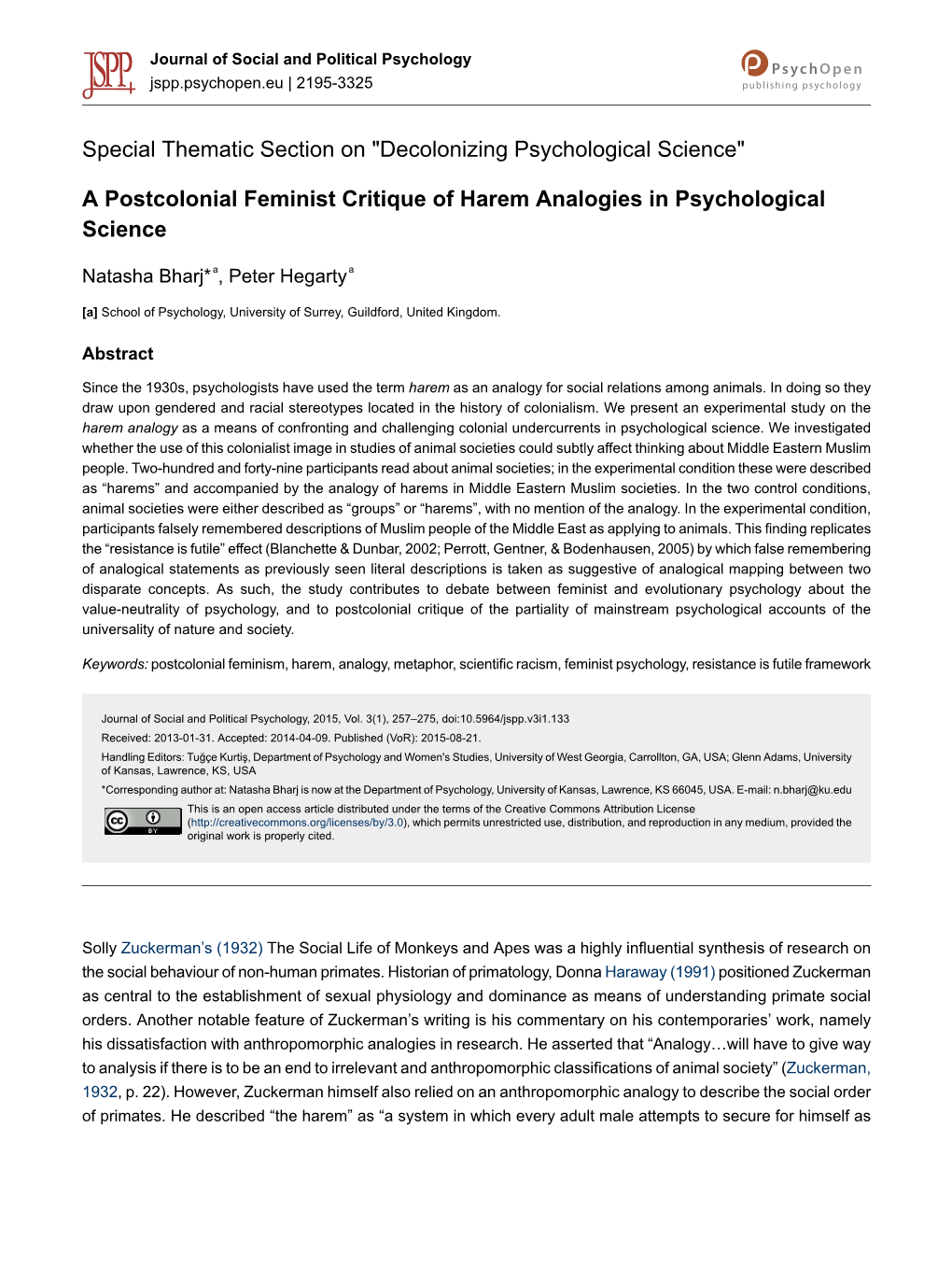 A Postcolonial Feminist Critique of Harem Analogies in Psychological Science