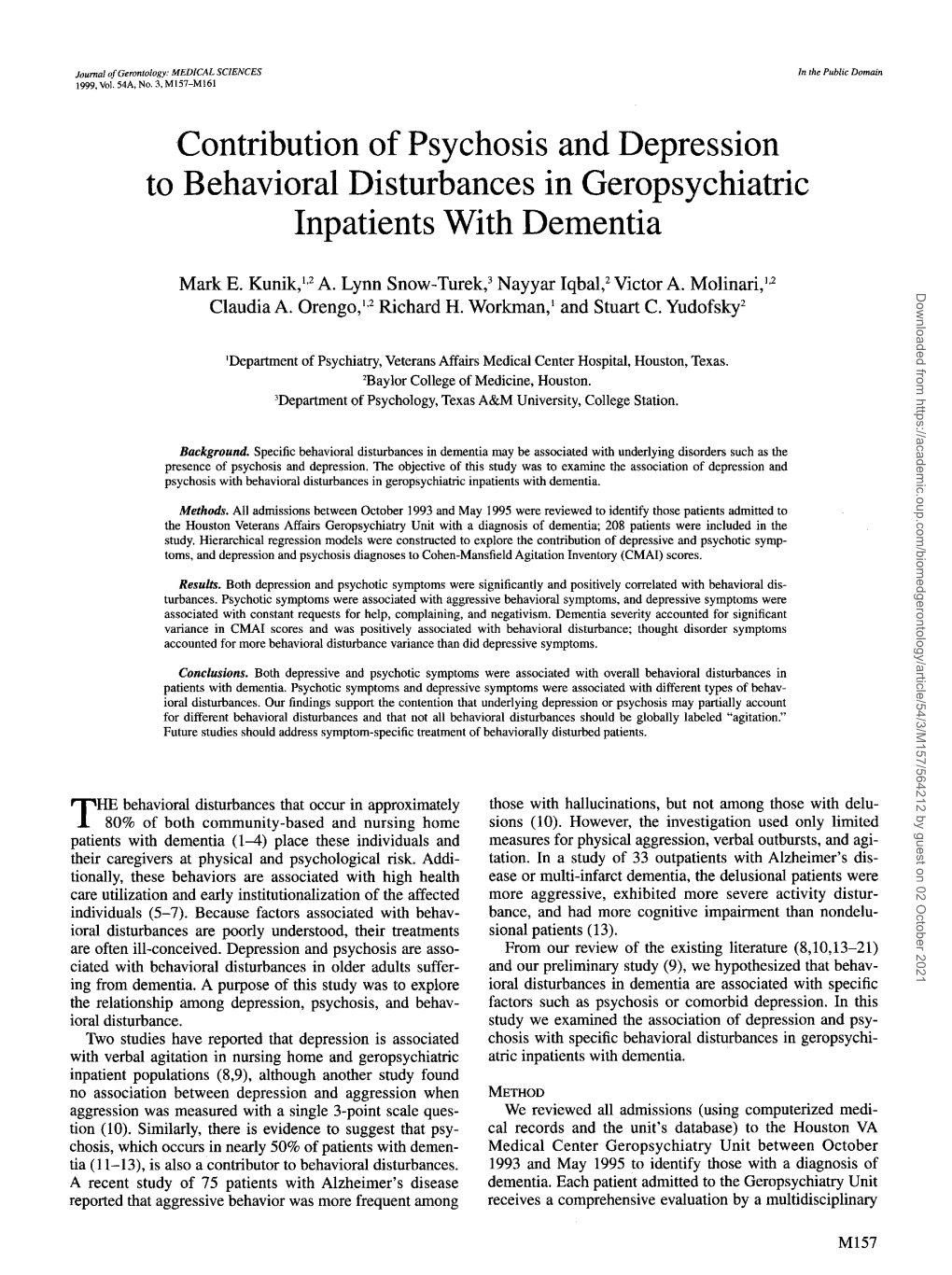 Contribution of Psychosis and Depression to Behavioral Disturbances in Geropsychiatric Inpatients with Dementia