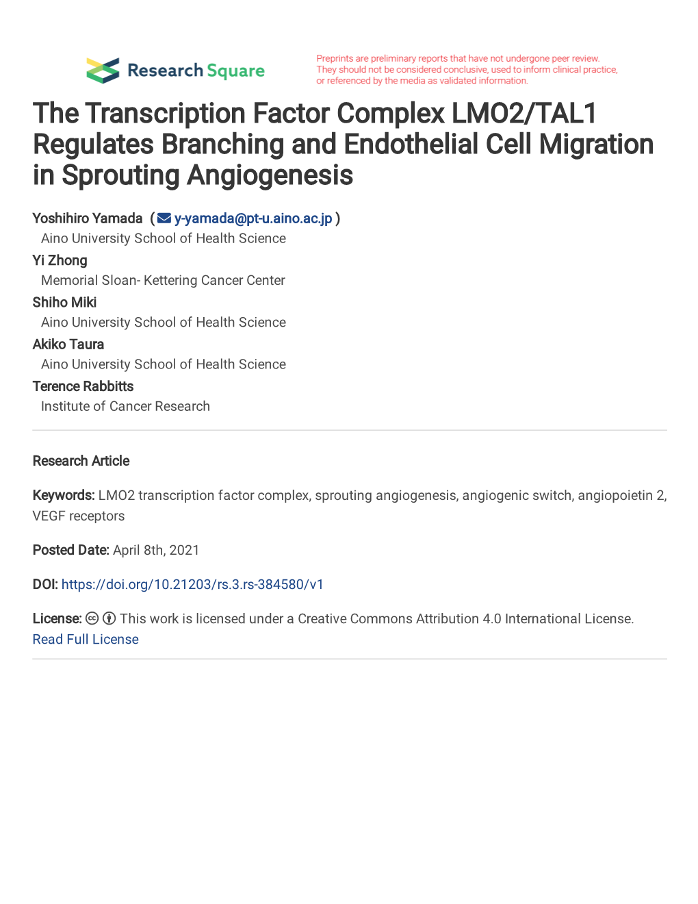 The Transcription Factor Complex LMO2/TAL1 Regulates Branching and Endothelial Cell Migration in Sprouting Angiogenesis