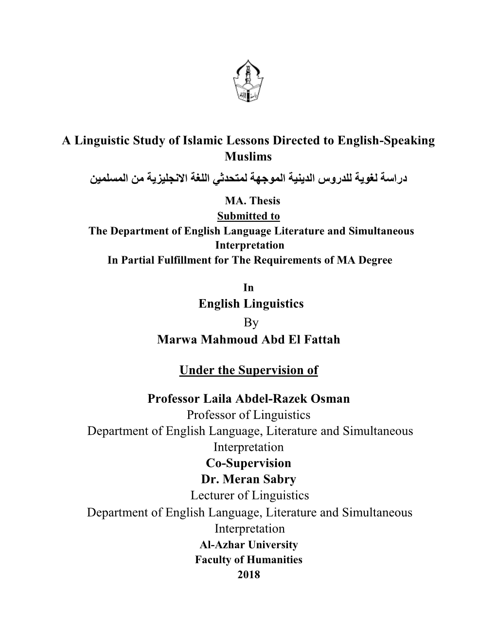 A Linguistic Study of Islamic Lessons Directed to English-Speaking Muslims دراسة لغوية للدروس الدينية الموجهة لمتحدثي اللغة االنجليزية من المسلمين