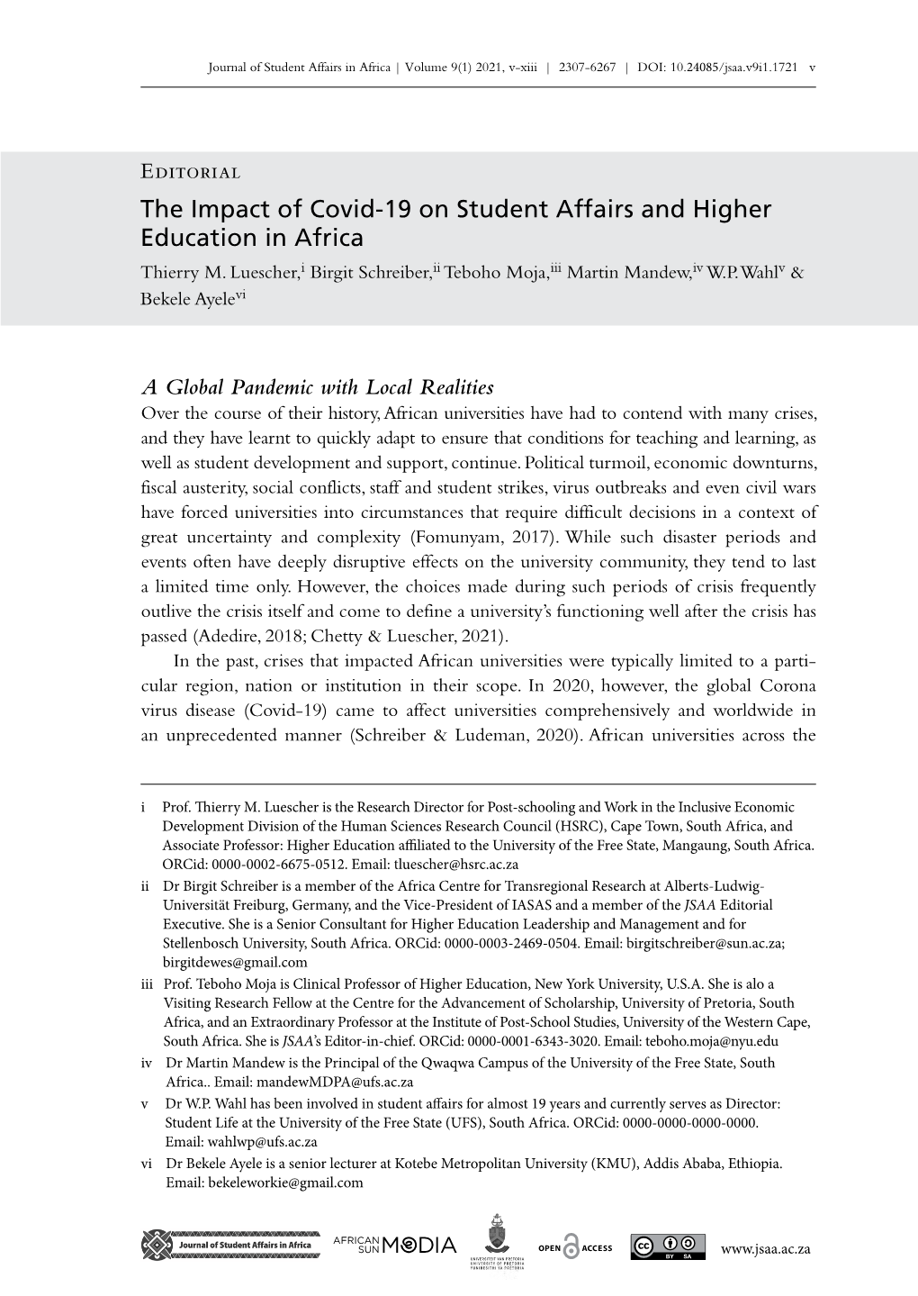 The Impact of Covid‑19 on Student Affairs and Higher Education in Africa Thierry M