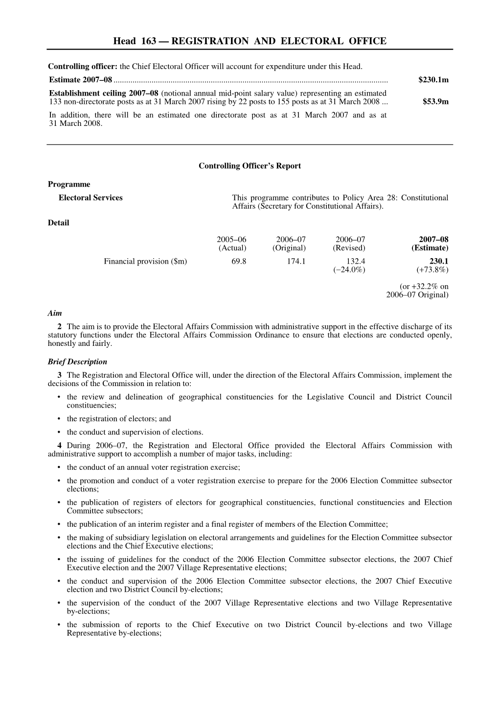 Head 163 — REGISTRATION and ELECTORAL OFFICE