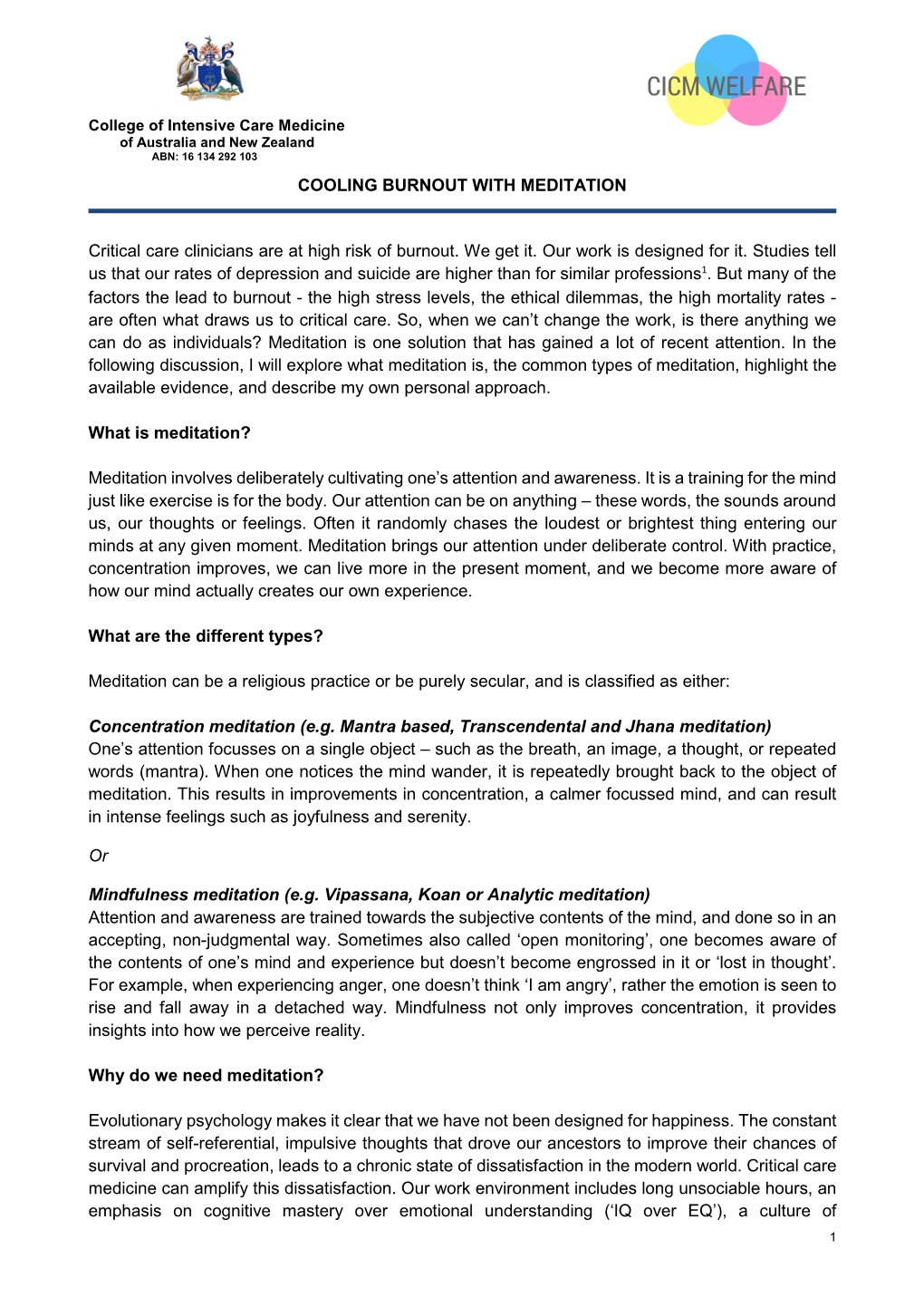 COOLING BURNOUT with MEDITATION Critical Care Clinicians