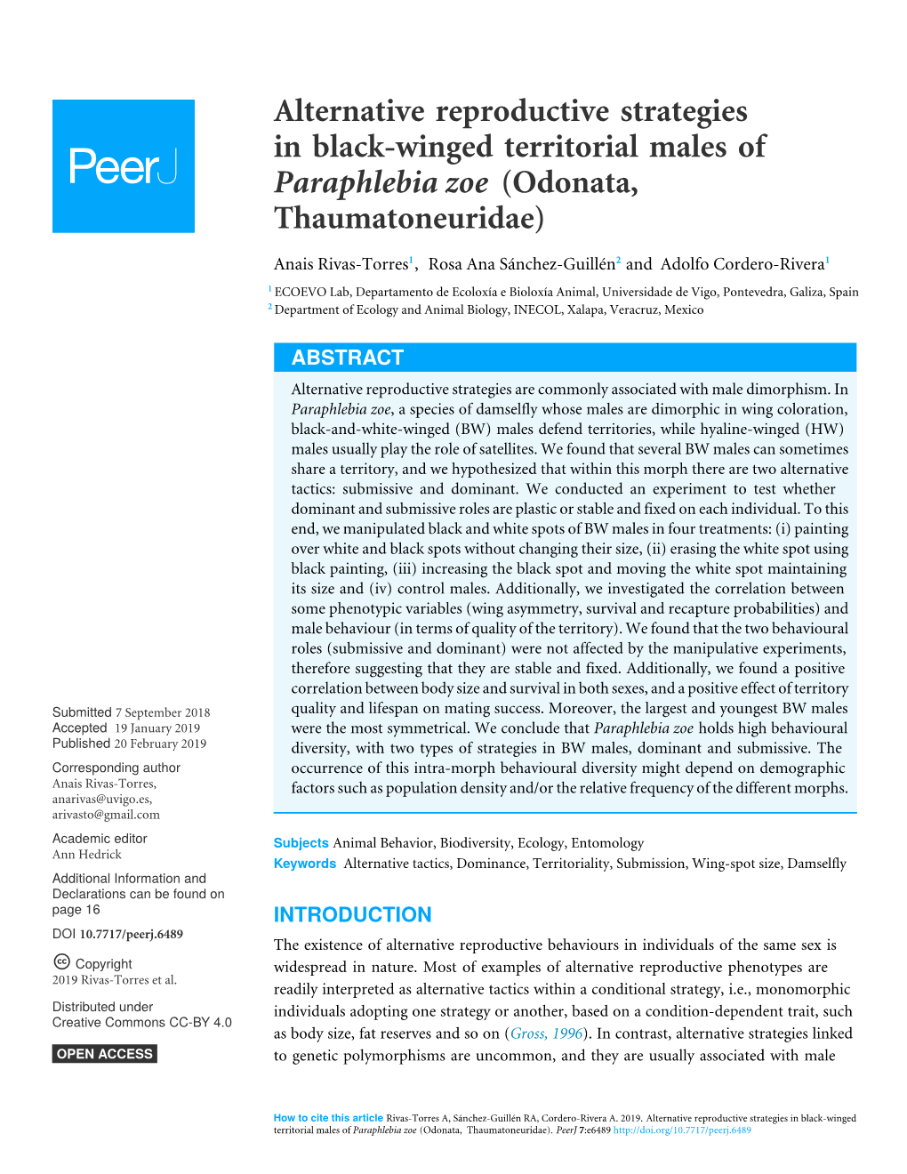 Alternative Reproductive Strategies in Black-Winged Territorial Males of Paraphlebia Zoe (Odonata, Thaumatoneuridae)