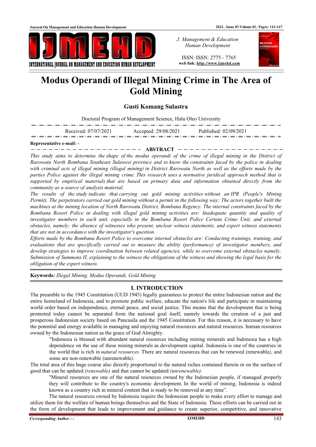 Modus Operandi of Illegal Mining Crime in the Area of Gold Mining