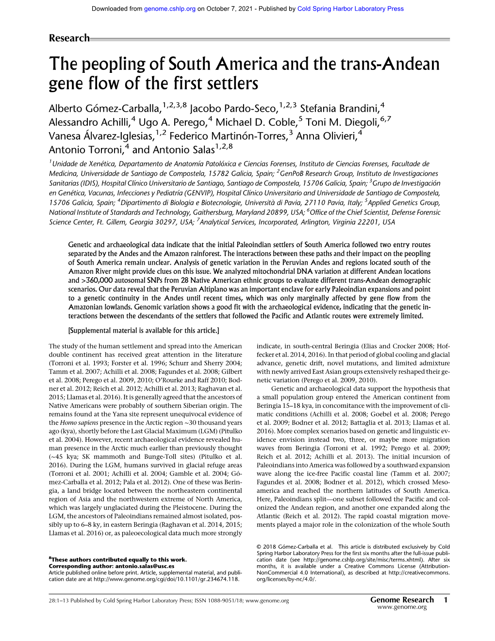 The Peopling of South America and the Trans-Andean Gene Flow of the First Settlers