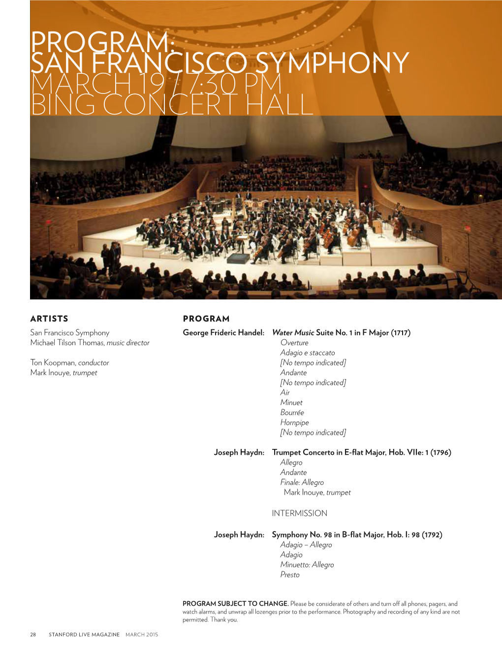 Program: San Francisco Symphony March 19 / 7:30 Pm Bing Concert Hall