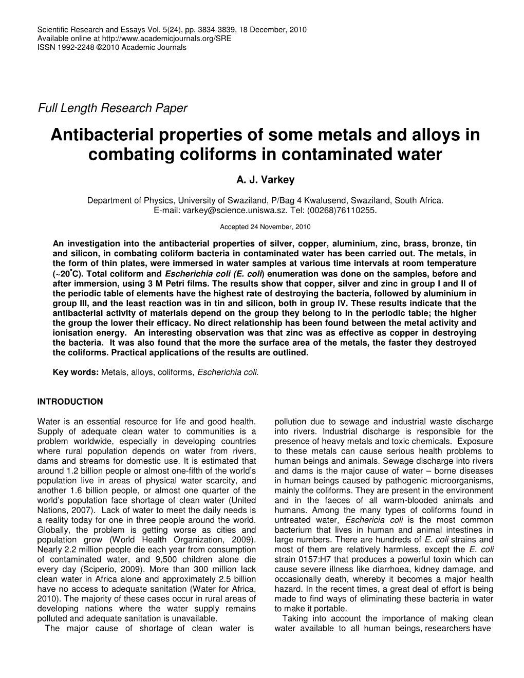 Antibacterial Properties of Some Metals and Alloys in Combating Coliforms in Contaminated Water