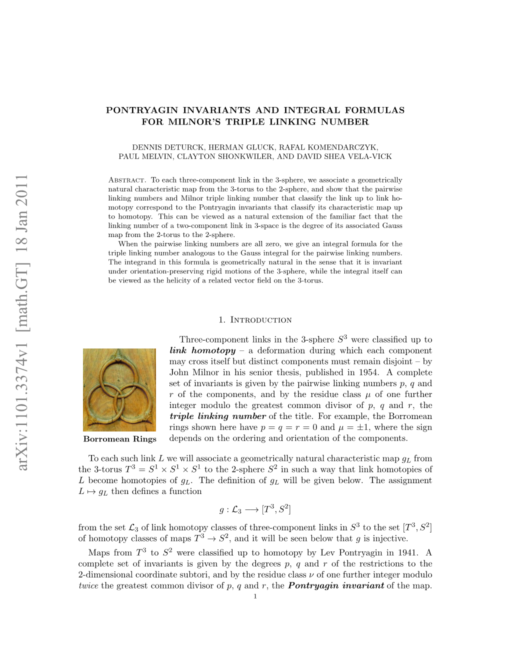 Pontryagin Invariants and Integral Formulas for Milnor's Triple Linking