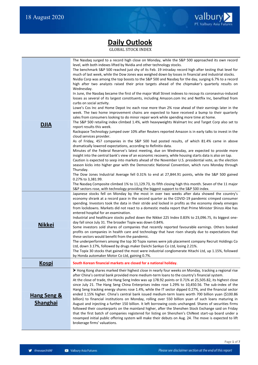 Daily Outlook GLOBAL STOCK INDEX