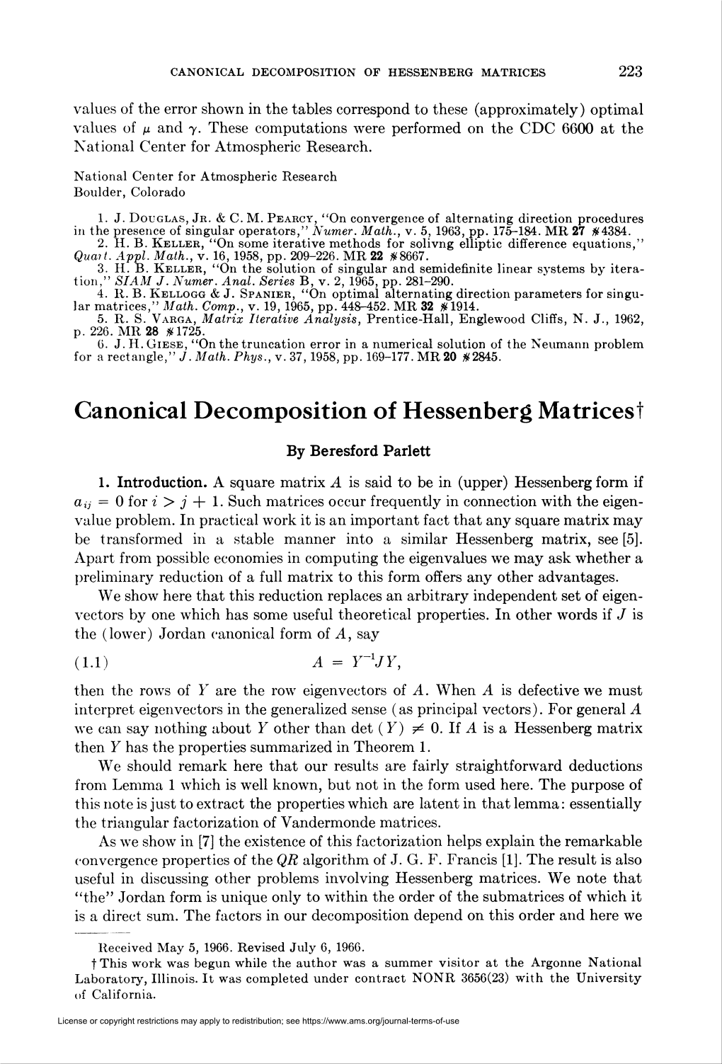 Canonical Decomposition of Hessenberg Matricest