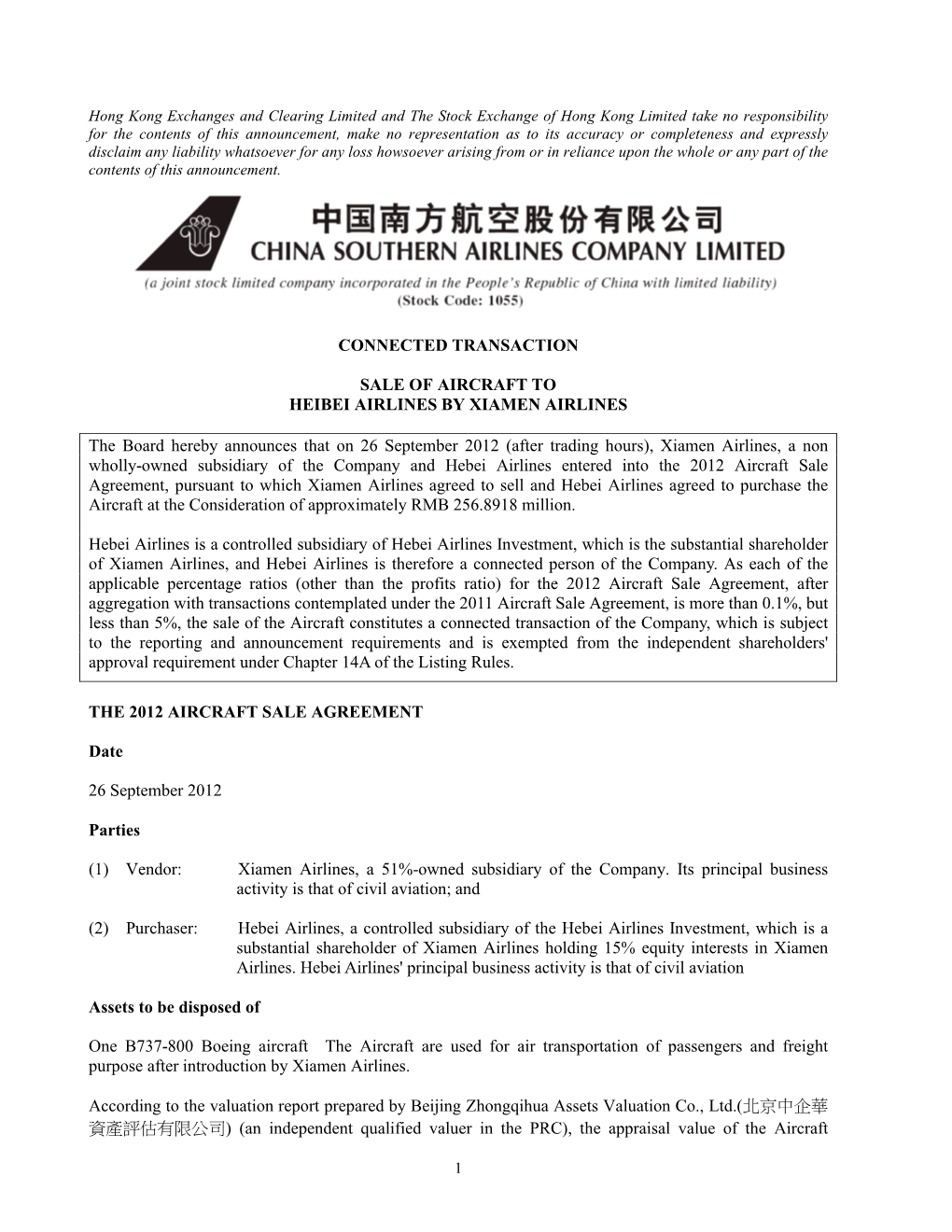 Connected Transaction Sale of Aircraft to Heibei