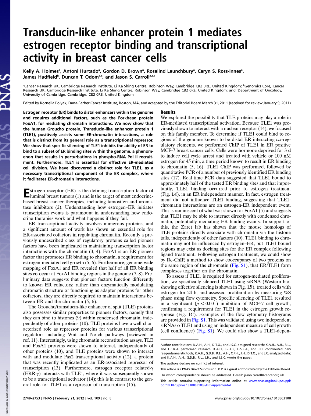 Transducin-Like Enhancer Protein 1 Mediates Estrogen Receptor Binding and Transcriptional Activity in Breast Cancer Cells