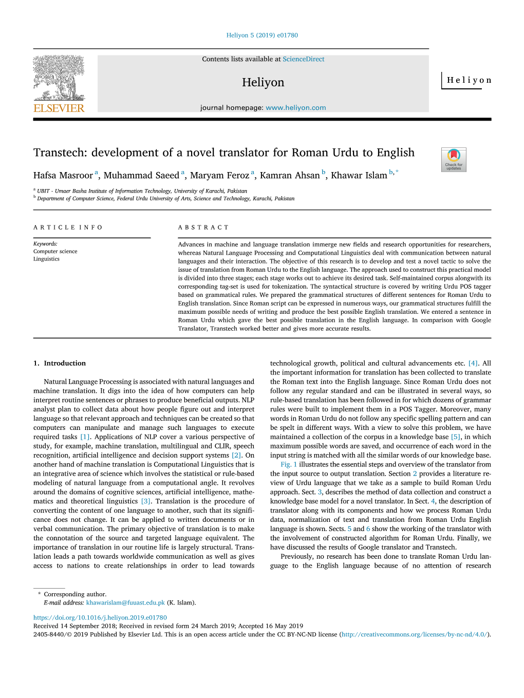 Transtech: Development of a Novel Translator for Roman Urdu to English