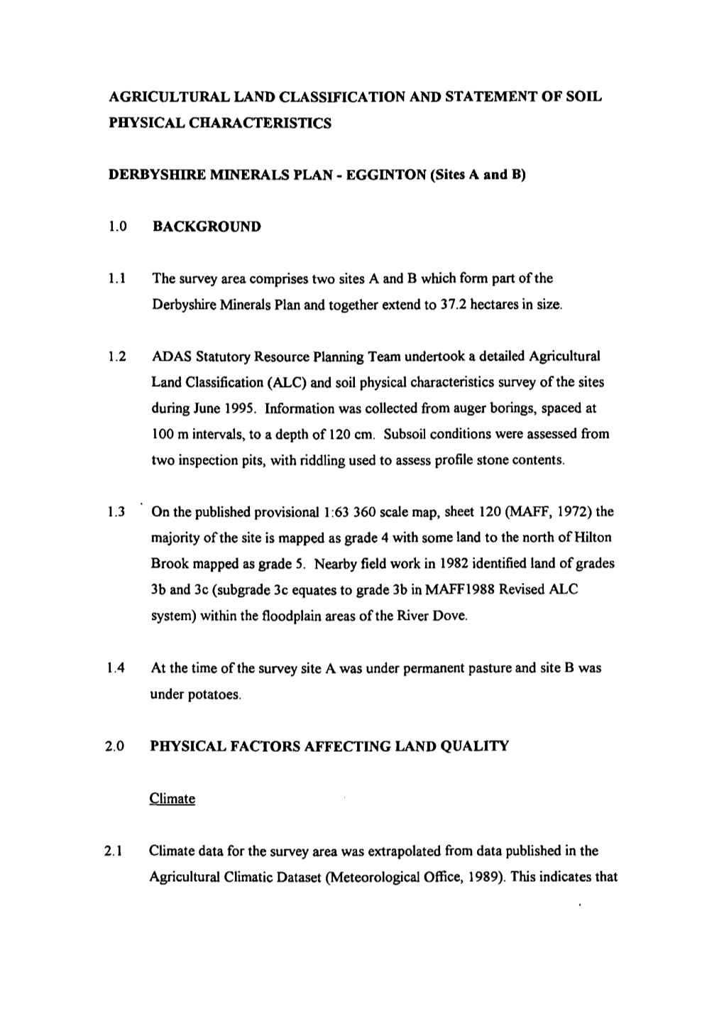 Agricultural Land Classification and Statement of Soil Physical Characteristics