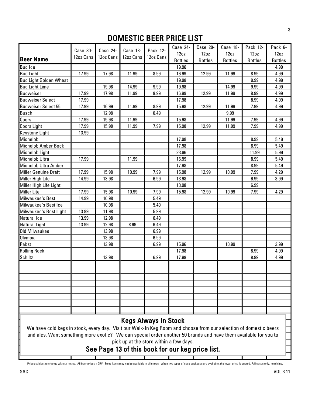 Domestic Beer Price List