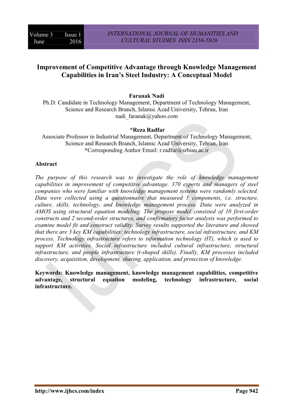 Improvement of Competitive Advantage Through Knowledge Management Capabilities in Iran’S Steel Industry: a Conceptual Model