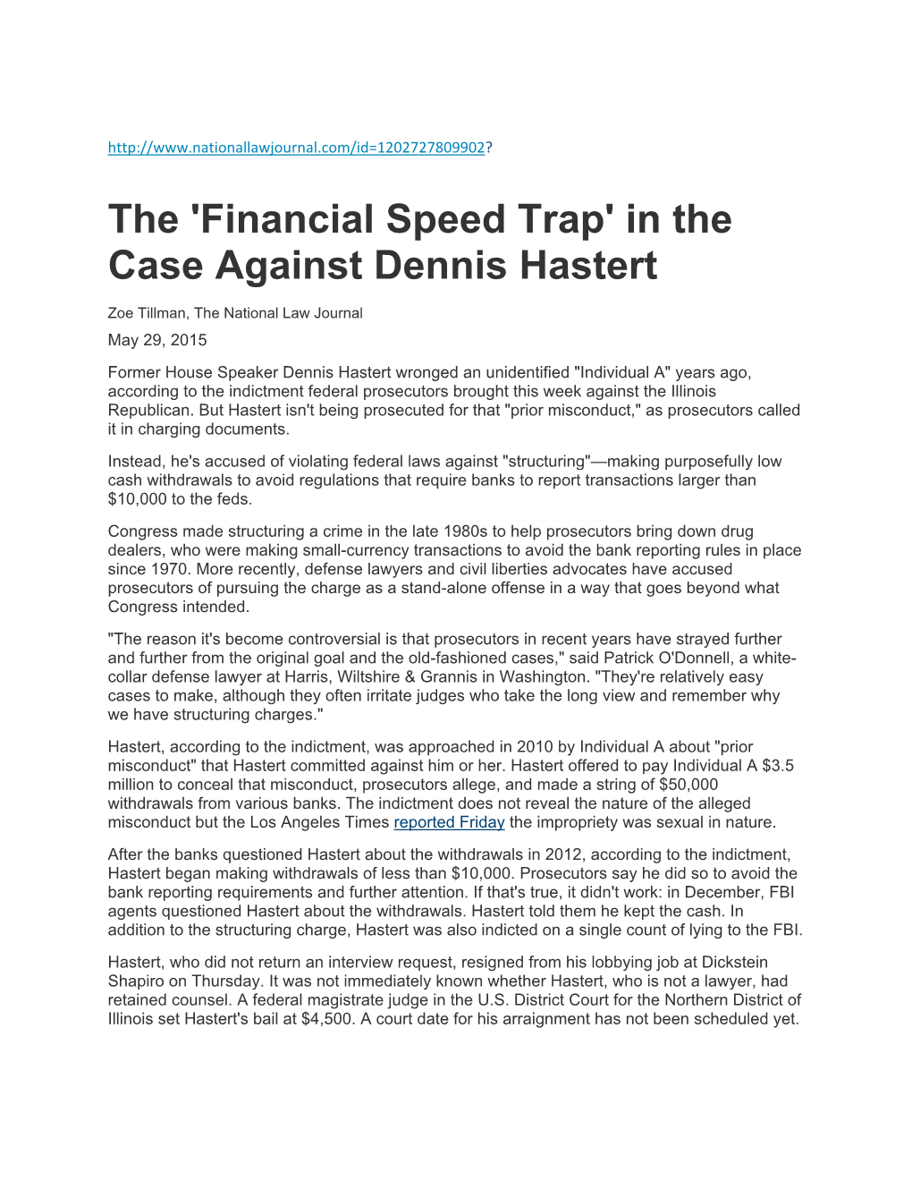 The 'Financial Speed Trap' in the Case Against Dennis Hastert