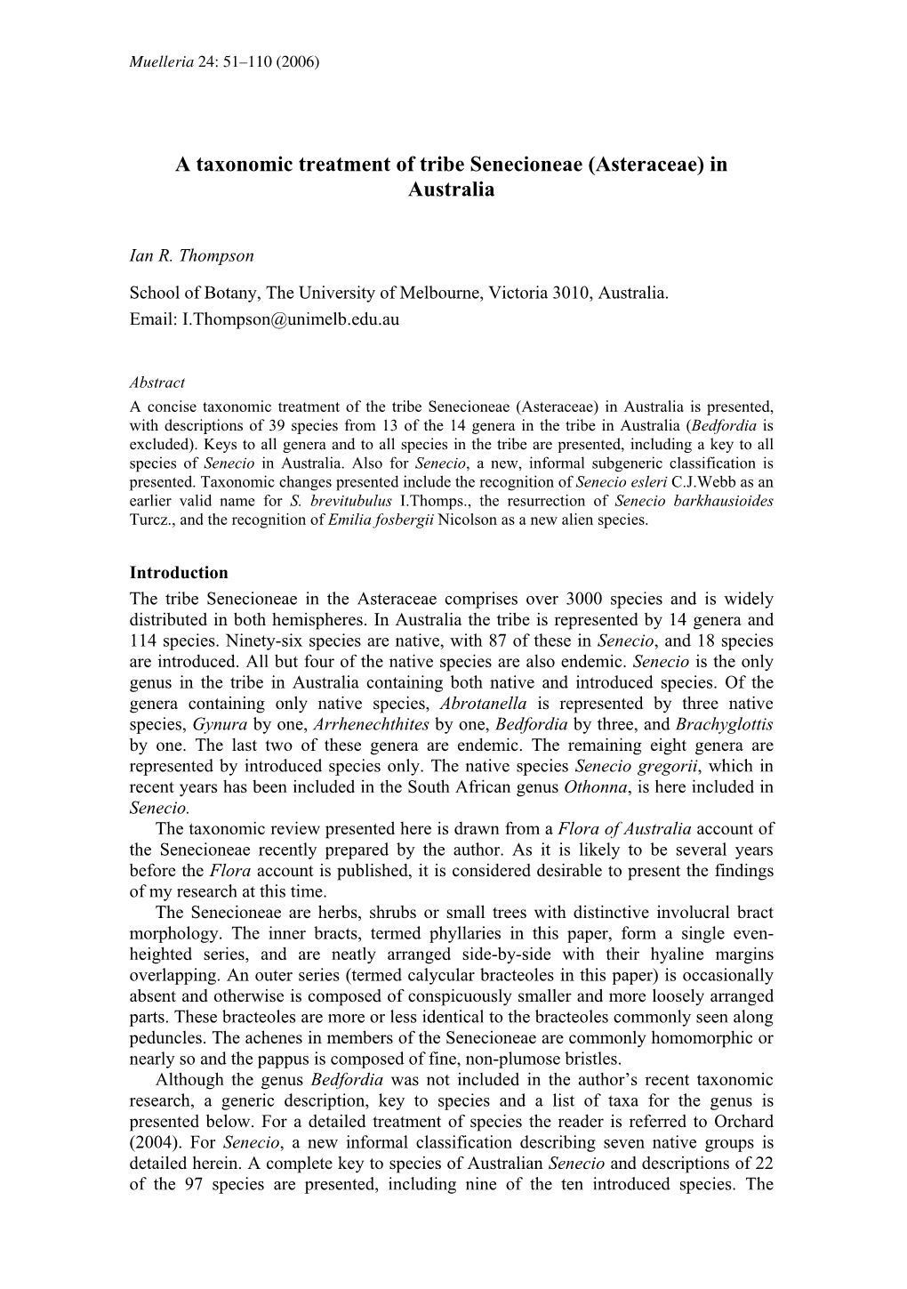 A Taxonomic Treatment of Tribe Senecioneae (Asteraceae) in Australia