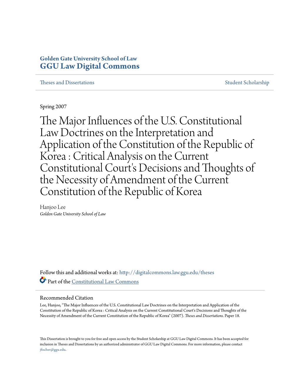 The Major Influences of the U.S. Constitutional Law Doctrines on The