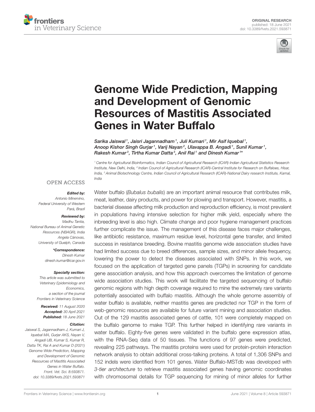 Genome Wide Prediction, Mapping and Development of Genomic Resources of Mastitis Associated Genes in Water Buffalo